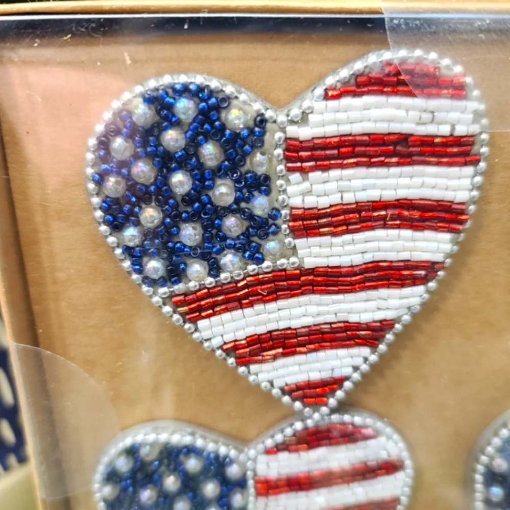 x4 July 4th Patriotic Heart Americana Beaded Napkin Rings & Table Runner Set New